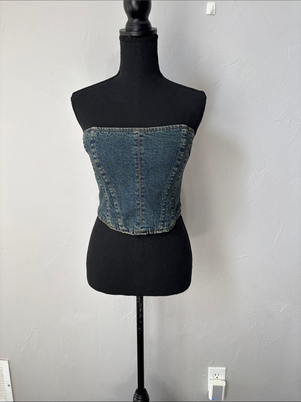 AFRM Navy Denim Strapless CropTop